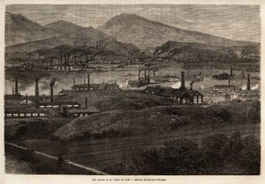Fabrikkene i Taff Valley. Tegning av Durand Brager, for å illustrere et besøk til de store fabrikkene i Wales i 1862, av L.Simonin. Gravering i "" Le tour du monde"", redigert av Edouard Charton av Unknown artist