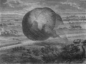Ballens fall "" The Giant"" på Hannover-slettene i 1863 med om bord: Jules og Louis Godard, Felix Nadar, hans kone, Fernand Montgolfier og Thirion. I” Album de la Science”, Éditions Jouvet av Unknown artist