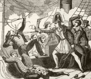 'Den kvinnelige piraten går ombord på det engelske skipet 'Lizard'', ca. 1836 av Unknown artist