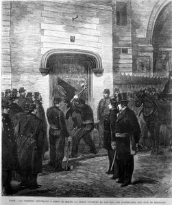 Brannmennene banket på inngangsdøren til dominikanerklosteret på Rue Jean de Beauvais i Paris i 1880. Gravering fra 1800-tallet. av Unknown artist