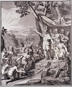Den første inkaen Manco Capac og dronning Coya Mama Oello Huaco hans kone, begge solens barn, samler villmennene - i "" Historisk reise til Sør-Amerika utført på ordre fra kongen av Spania"" av Don Georges Juan & Don Antoine de Ulloa, T.II, utg. Jombert, av Unknown artist