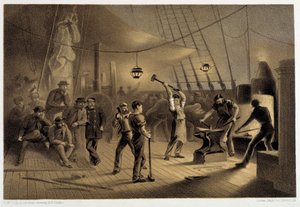 Smia på dekk. Natt til 9. august forbereder ifon-belegget for capstan - i "The Atlantic telegraph" av W. H. Russel, ca. 1860 av Unknown artist