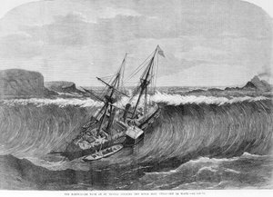 Den gigantiske bølgen av tsunamien i desember 1867 i Saint Thomas, Jomfruøyene faller på hjulbåten La Plata. Gravering av 1800-tallet. av Unknown artist