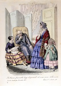 Jenta leser avisen for bestefaren som har mistet synet. Fra «The ore casalinghe», november 1853. av Unknown artist