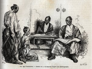 Undersøkelsesdommeren i utførelsen av sine oppgaver, kneler foran ham, sikter ham for en samurai. Gravering for å illustrere reisen til Japan i 1863-1864, av Aime Humbert, minister for det sveitsiske konføderasjonen, i "Le tour du monde, nouveau jo av Unknown artist