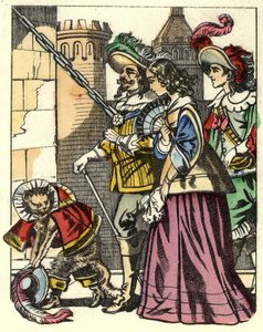 The king, the princess and the Marquis of Carabas arrive at the castle of the ogre precedes the Cat boot. Illustration of the tale “The cat botte” by Charles Perrault av Unknown artist