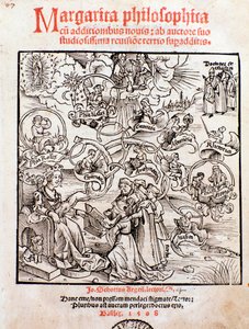 Den liberale kunsten: Trivium (grammatikk, logikk og retorikk) og quadrivium (aritmetikk, geometri, musikk og astronomi) (gravering av Unknown artist