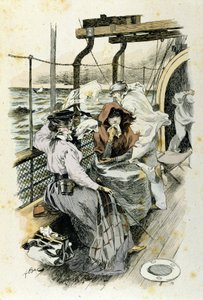 Livet til passasjerer om bord: en ung kvinne lider av sjøsyke. av Unknown artist