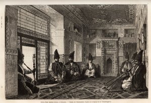 Stuen til et rikt tatarhus i Schusha (Transkaukasia, Russland), hvor menn samles, sittende på tepper for å røyke pipe og prate. Gravering for å illustrere reisen i provinsene i Kaukasus, av Basile Vereschaguine, i 1864-1865, utgitt av Unknown artist