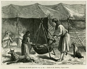 Produksjon av melk av kvinnene til gjetere i Karoun-regionen. Gravering for å illustrere historien La Perse, la Chaldee et la Susiane av Jane Delafoy (1851-1916), akademioffiser, i le tour du monde 1886, regissert av Edouard Charton (1807-1890), Ha av Unknown artist