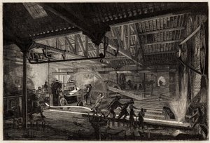 Produksjonen av skinnene i de gamle smiene i Le Creusot, stålstrimlene, hvite av varme, strekker seg i skinner mellom valseverkene. Gravering for å illustrere en reise til Creusot og gruvene i Saone og Loire, i 1865, av L. Simonin, i "" Le tou av Unknown artist