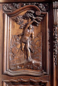 San Sebastians martyrium, detalj av den utskårne tredøren til kirken for den ulastelige unnfangelsen, Menton. av Unknown artist