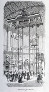 Den mekaniske heisen til ingeniøren Edoux på verdensutstillingen i 1867 - grav. av Unknown artist