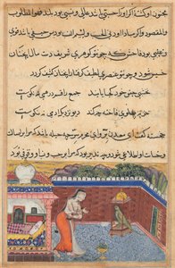 Papegøyen henvender seg til Khujasta i begynnelsen av den trettiførste natten, fra en Tuti-nama (Tales of a Parrot) av Unknown artist
