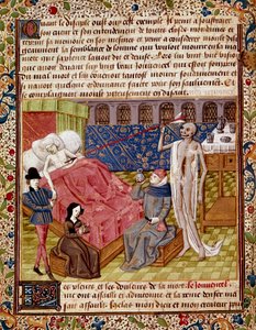 Pasienten blir truffet av miniatyrdøden hentet fra "" Le Tresor de Sapience"" (eller "Le traite du jardin amoureux") av Jean Gerson (1363-1429) Chantilly fra 1400-tallet, Musee Conde av Unknown artist