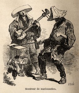 Dukketeateret og musikeren som følger ham for gateunderholdning. Gravering for å illustrere reisen til Japan, av Aime Humbert, minister for det sveitsiske konføderasjonen, i 1863-1864, publisert i "" le tour du monde", under ledelse av Ed av Unknown artist
