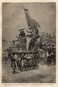 Det kongelige banneret, i sowari (militær prosesjon), i Baroda (eller Vadodara), delstaten Gujarat på nord-østkysten av India. Gravering for å illustrere reise i India av Rajahs, av Louis Rousselet, i 1864-1868, publisert i "" Le tour du monde av Unknown artist