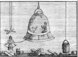Den lille klokken på skuldrene til mannen til venstre (som mottar luft fra den større klokken) kan betraktes som stamfaren til hjelmen til en drakt. Sd. gravering fra 1600- eller 1700-tallet. av Unknown artist