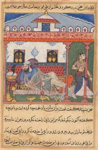 Slangen, gjemt i en kurv med blomster, åpenbarer seg for Rajaen som nettopp har sendt bort sin kone, fra en Tuti-nama (Tales of a Parrot): Førti-tredje natt av Unknown artist