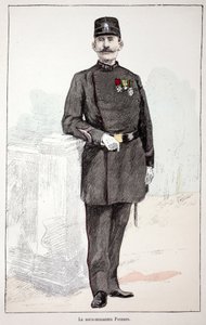 Underbrigaderen (underbrigaderen) Poisson. Etsning i farger, for illustrasjon "" History of the corps of peacekeepers""" bok utgitt i regi av Louis Lepine (1846-1933), prefekt for politiet på Seinen, av Alfred Rey (1864-?) og Louis av Unknown artist