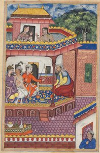 De tre unge mennene presenterer seg som friere for hånden til Zuhra, datteren til kjøpmannen i Kabul, fra en Tuti-nama (Fortellinger om en papegøye): Trettifjerde natt av Unknown artist
