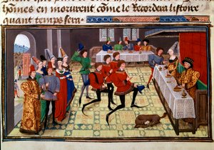 Bryllupsbanketten ved bryllupet til Clarisse, datter av kong Yvon av Gascogne og Renaud Miniature fra manuskriptet "Renaud de Montauban" eller "Les quatre fils Aymon" av Loyset Liedet (aktiv mellom 1448 og 1478). Frk. 5073. Bibliotheque fra 1400-tallet av Unknown artist