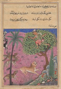 Ulven og sjakalen, som tjener som vesirer, anstifter løven som forfølger brahmanen opp i et tre, fra en Tuti-nama (Tales of a Parrot): Twenty-first Night av Unknown artist