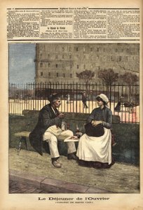 Arbeiderlunsjen, reproduksjon av maleriet av Henri Cain (1859-1930), maler og dramatiker. Gravering i "" Le petit journal"" 18.04.1891. Selvas samling. av Unknown artist