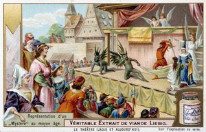 Teater: representasjon av et mysterium i middelalderen - Liebig-kromolitografi av Unknown artist
