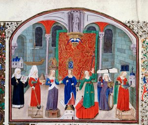 Teori om teologiske og kardinaldyder. Miniatyr fra manuskriptet (Ms 927 fol.17V) "" Commentary on Political and Economic Ethics"" av den greske filosofen Aristoteles (383-322 f.Kr.) oversatt av Nicolas Oresme (1325-1382) av Unknown artist