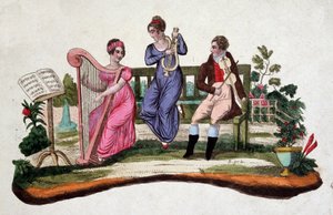 Tre personer som spiller musikkinstrumenter i en hage: harpe, lyre, bratsj. Etsing sd. av 1700-tallet. av Unknown artist