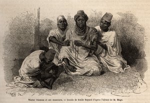 Tierno Ousman, fra Toucouleur-stammen, leder av landsbyen Guemmou Koura (Mali), holder en muslimsk rosenkrans med store korn, retter opp bønner, mens massørene hans masserer ryggen og bena hans. Gravering for å illustrere reisen til Vest-Sudan av Lieute av Unknown artist