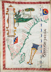 «Tierra de Persia», målestokk: ca. 1:13 500 000, viser flere steder Sør-India og Sri Lanka, ca. 1550–60 (vellum) av Unknown artist