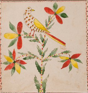 Liten gul og rød fugl på blomstrende kvist av Unknown artist