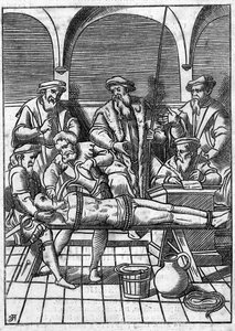Torture in the Middle Ages: the question of water. Tie by strings, water is poured on a cloth that is pushed to the bottom of his throat. Engraving of the 18th century after an engraving of the Middle Ages. av Unknown artist