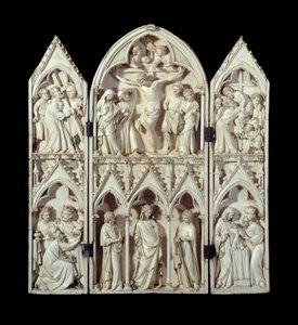 Triptych of Saint-Sulpice du Tarn: Carriage of the Cross, Crucifixion, Descent of the Cross, Adoration of the Magi, Glorious Virgin, Presentation at the Temple. Relieffstrømper i utskåret elfenben. Rundt 1300 Paris, Nasjonalmuseet for middelalderen, Therme av Unknown artist