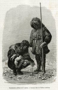 Tschuktschis fisker på is i Koljutchin Bay (polarsirkelen). Gravering fra den svenske utgaven, for å illustrere historien "" Voyage de la Vega rundt Asia og Europa", av Nils Adolf Erik (Eric) Baron Nordenskjold (Nordenskiold) (1832-1901), i 1878-1880 av Unknown artist