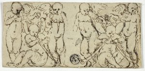 To dekorative grupper av Putti med trompeter og frukt av Unknown artist