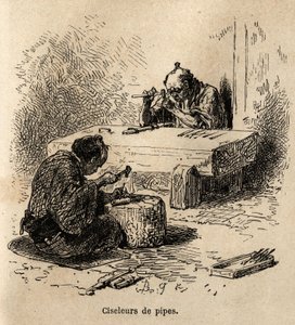 To arbeidere, med hver sin hammer og en stans, skjærer ut metallrør i verkstedet sitt. Gravering for å illustrere reisen til Japan, av Aime Humbert, minister for det sveitsiske konføderasjonen, i 1863-1864, publisert i "" le tour du monde", under regi av Unknown artist