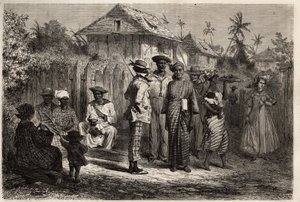 Typer av urfolk Cayenne (Fransk Guyana), kvinner kledd i ungtrær (knyttet kjole) av madras og kledd med fargerike turbaner, mennene adopterte den vestlige kostymen. Gravering for å illustrere reisen i Fransk Guyana i 1862-1863, av Frederic Bouyer, ca. av Unknown artist