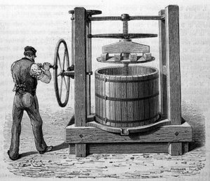 Bruk av pressen for å få druerester i Medoc og Cognac. Gravering fra slutten av 1800-tallet av Unknown artist