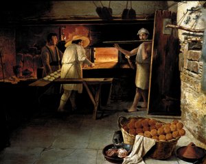 Utsikt fra innsiden av et bakeri Bakere baker brødet i ovnen. Anonymt maleri fra 1700-tallet. Roma, Museo del Folklore av Unknown artist