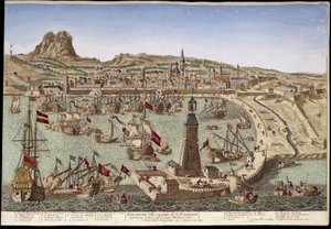 Utsikt over Barcelona og havnen - optisk utsikt av Unknown artist