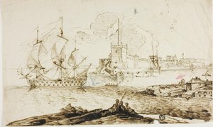 Utsikt over havnen i befestede by av Unknown artist