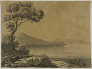 Utsikt over innsjøen, med store trær i forgrunnen av Unknown artist