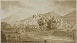 Utsikt over byen med utsikt over elven av Unknown artist