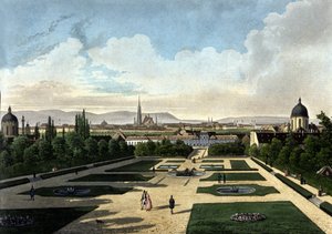 Utsikt over Wiens Belvedere, østerriksk barokkpalass bygget av Eugene de Savoye. Litografi fra 1800-tallet av Unknown artist