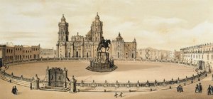 Utsikt over Zocalo-plassen og katedralen i Mexico City, Mexico Litografi fra slutten av 1800-tallet av Unknown artist