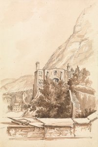 Utsikt over en by med klipper i bakgrunnen av Unknown artist