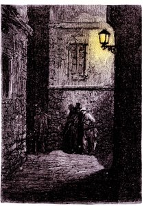 Utsikt over en mørk bakgate i Whitechapel-distriktet i London. Gravering fra 1700-tallet av Unknown artist